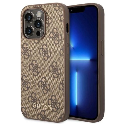 Guess iPhone 14 Pro Max hátlap, tok 4G Metal Gold Logo Series Case, barna