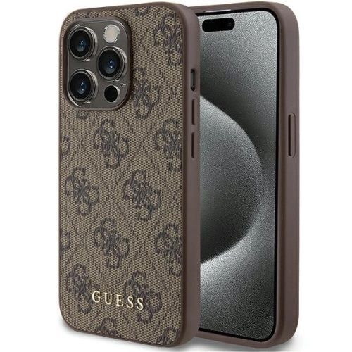 Guess 4G Metal Gold Logo hátlap, tok iPhone 15 Pro, barna