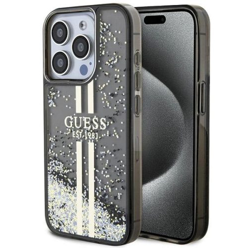 Guess Liquid Glitter Gold Stripes hátlap, tok iPhone 15 Pro, fekete