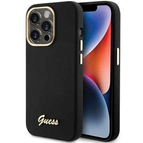 Guess Silicone Script Metal Logo & Frame hátlap, tok iPhone 15 Pro, fekete