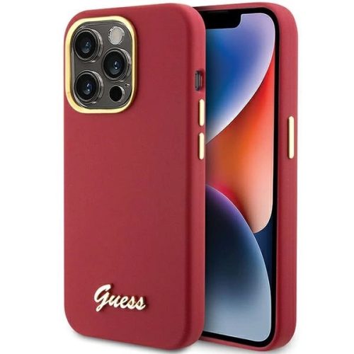 Guess Silicone Script Metal Logo & Frame hátlap, tok iPhone 15 Pro, piros