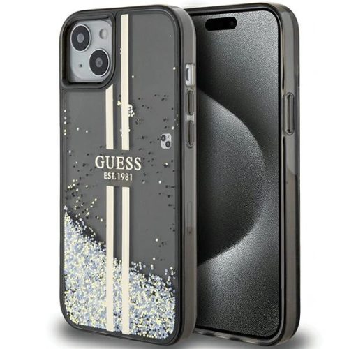 Guess Liquid Glitter Gold Stripes hátlap, tok iPhone 15 Plus/14 Plus, fekete