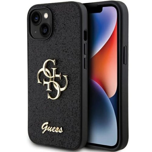 Guess Glitter Script Big 4G hátlap, tok iPhone 15, fekete