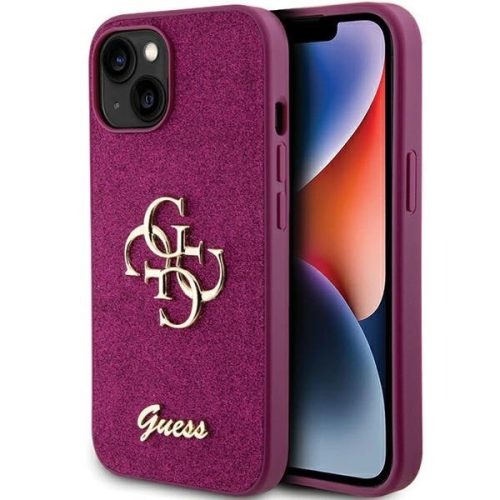 Guess Glitter Script Big 4G hátlap, tok iPhone 15, lila