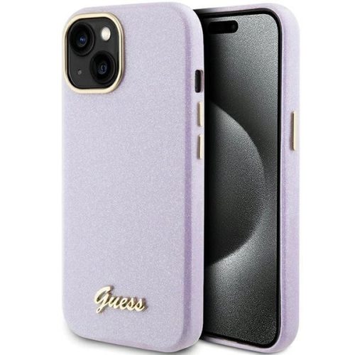 Guess Glitter Glossy Script hátlap, tok iPhone 15, lila