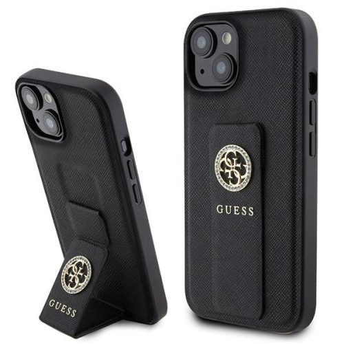 Guess Grip Stand 4G Saffiano Strass hátlap, tok iPhone 15, fekete