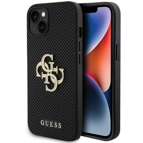 Guess Leather Perforated 4G Glitter Logo hátlap, tok iPhone 15, fekete