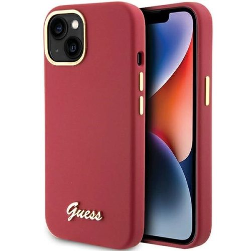 Guess Silicone Script Metal Logo & Frame hátlap, tok iPhone 15, piros