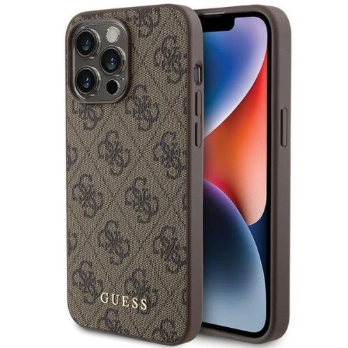 Guess 4G Metal Gold Logo hátlap, tok iPhone 15 Pro Max, barna