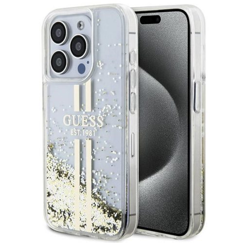 Guess iPhone 15 Pro Max Gold Stripes Liquid Glitter (GUHCP15XLFCSEGT) hátlap, tok, arany