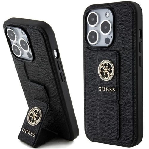 Guess Grip Stand 4G Saffiano Strass hátlap, tok iPhone 15 Pro Max, fekete