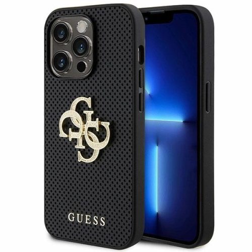 Guess Leather Perforated 4G Glitter Logo hátlap, tok iPhone 15 Pro Max, fekete