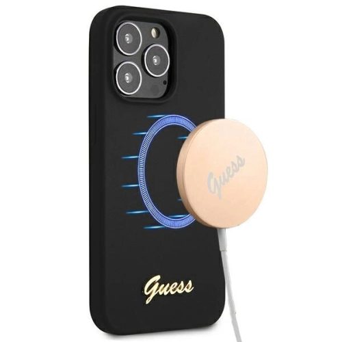 Guess GUHMP13LLSLMGBK iPhone 13 Pro/13 6.1" hátlap, tok Silicone Script Gold Logo MagSafe, fekete