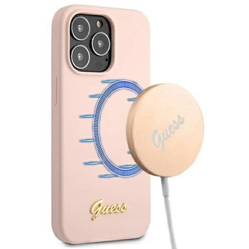 Guess GUHMP13LLSLMGLP iPhone 13 Pro/13 6.1" hátlap, tok Silicone Script Gold Logo Magsafe, rózsaszín