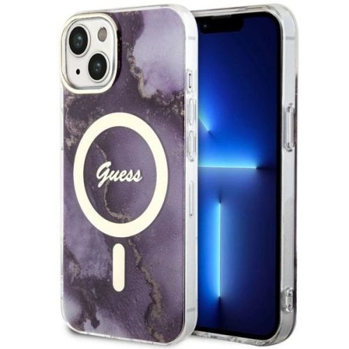 Guess GUHMP14SHTMRSU iPhone 14 6.1" hátlap, tok Golden Marble MagSafe, lila