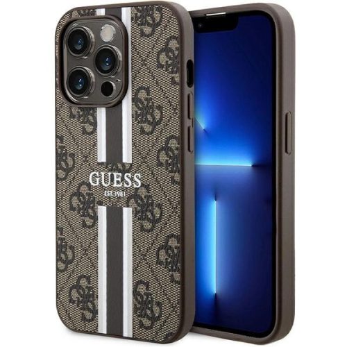 Guess 4G Printed Stripes MagSafe hátlap, tok iPhone 15 Pro, barna