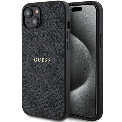 Guess 4G Collection Leather Metal Logo MagSafe hátlap, tok iPhone 15 Plus/14 Plus, fekete