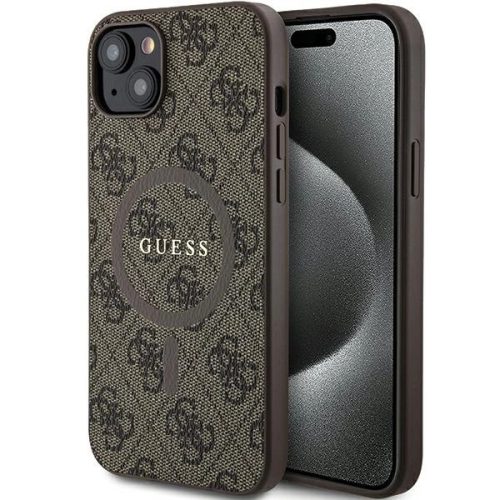 Guess 4G Collection Leather Metal Logo MagSafe hátlap, tok iPhone 15 Plus/14 Plus, barna