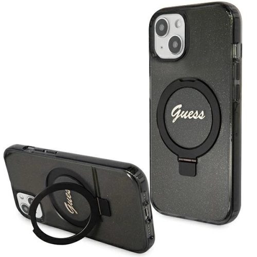 Guess Ring Stand Script Glitter MagSafe hátlap, tok iPhone 15, fekete