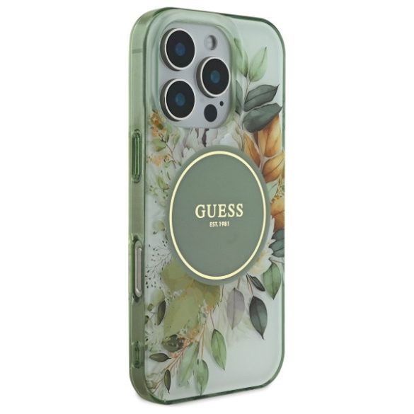 Guess iPhone 16 Pro Magsafe IML Flower & Tonal Circle (GUHMP16LHFWBDCEN) Magsafe kompatibilis hátlap, tok, zöld