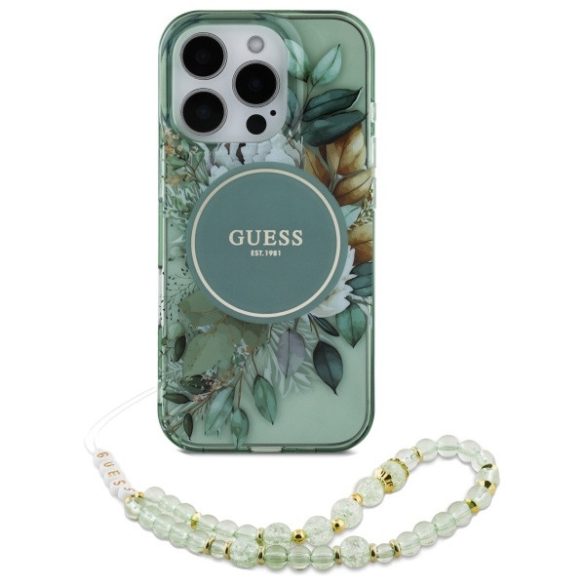 Guess iPhone 16 Pro Magsafe IML Flowers With Pearl Strap (GUHMP16LHFWBRCESN) Magsafe kompatibilis hátlap, tok, zöld