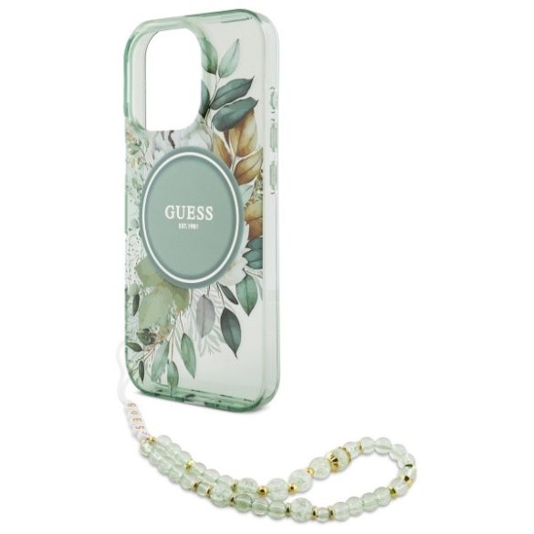 Guess iPhone 16 Pro Magsafe IML Flowers With Pearl Strap (GUHMP16LHFWBRCESN) Magsafe kompatibilis hátlap, tok, zöld