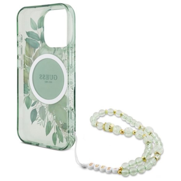 Guess iPhone 16 Pro Magsafe IML Flowers With Pearl Strap (GUHMP16LHFWBRCESN) Magsafe kompatibilis hátlap, tok, zöld