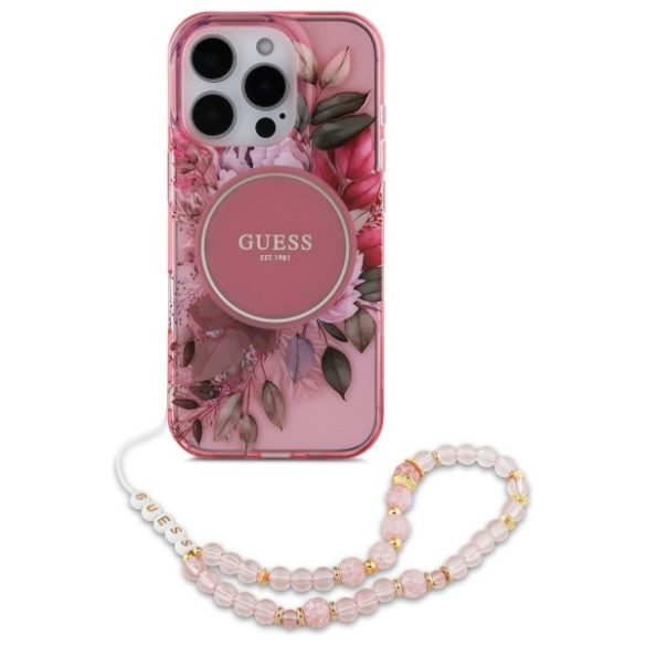 Guess iPhone 16 Pro Magsafe IML Flowers With Pearl Strap (GUHMP16LHFWBRCESP) Magsafe kompatibilis hátlap, tok, rózsaszín