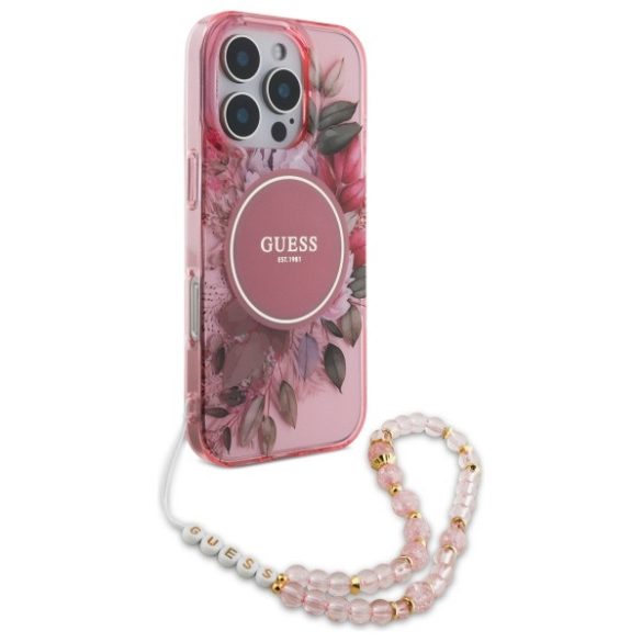 Guess iPhone 16 Pro Magsafe IML Flowers With Pearl Strap (GUHMP16LHFWBRCESP) Magsafe kompatibilis hátlap, tok, rózsaszín