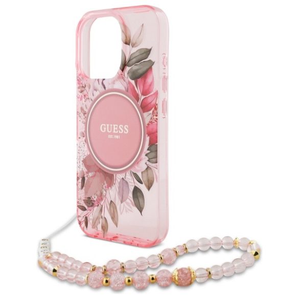 Guess iPhone 16 Pro Magsafe IML Flowers With Pearl Strap (GUHMP16LHFWBRCESP) Magsafe kompatibilis hátlap, tok, rózsaszín