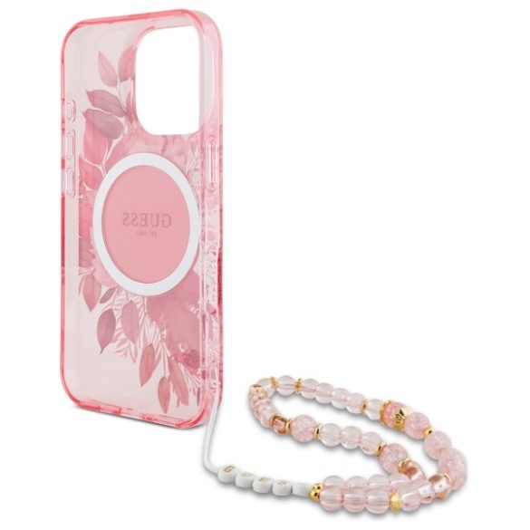 Guess iPhone 16 Pro Magsafe IML Flowers With Pearl Strap (GUHMP16LHFWBRCESP) Magsafe kompatibilis hátlap, tok, rózsaszín