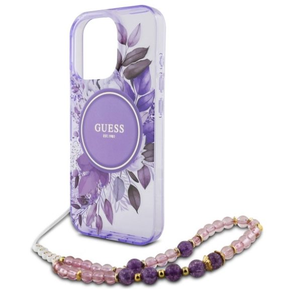 Guess iPhone 16 Pro Magsafe IML Flowers With Pearl (GUHMP16LHFWBRCESU) Magsafe kompatibilis hátlap, tok, lila