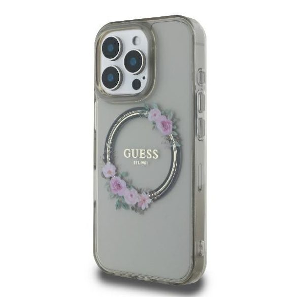 Guess IML Flowers Wreath iPhone 16 Pro MagSafe GUHMP16LHFWFCK kemény hátlap tok, fekete