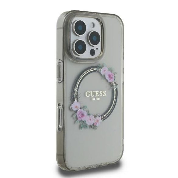 Guess IML Flowers Wreath iPhone 16 Pro MagSafe GUHMP16LHFWFCK kemény hátlap tok, fekete