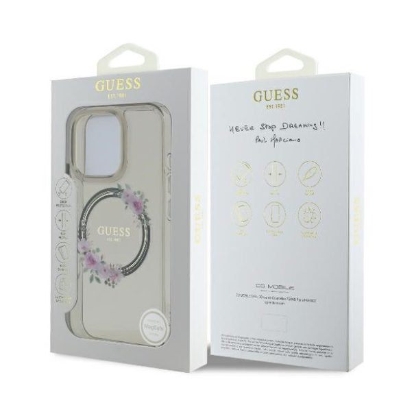 Guess IML Flowers Wreath iPhone 16 Pro MagSafe GUHMP16LHFWFCK kemény hátlap tok, fekete