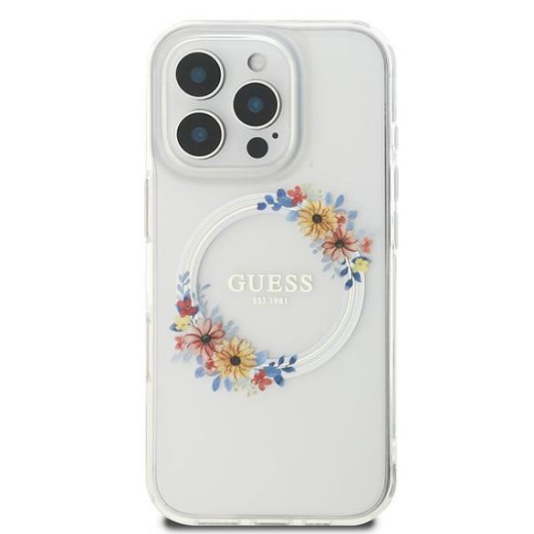 Guess IML Flowers Wreath iPhone 16 Pro MagSafe GUHMP16LHFWFCT kemény hátlap tok, átlátszó