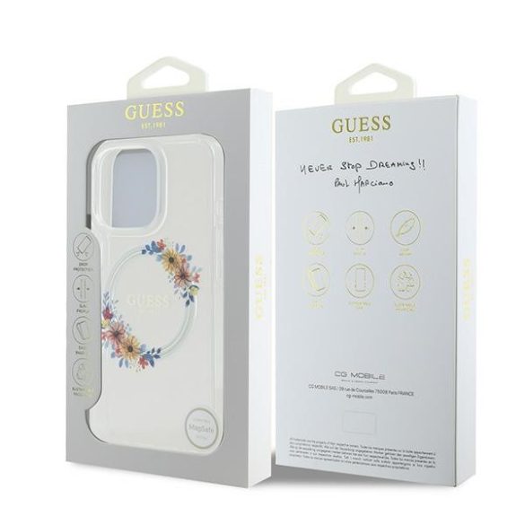 Guess IML Flowers Wreath iPhone 16 Pro MagSafe GUHMP16LHFWFCT kemény hátlap tok, átlátszó