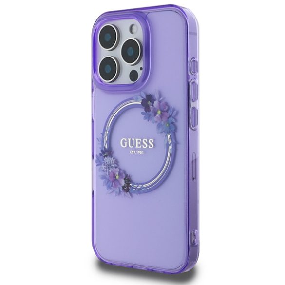 Guess IML Flowers Wreath iPhone 16 Pro MagSafe GUHMP16LHFWFCU hátlap tok, lila