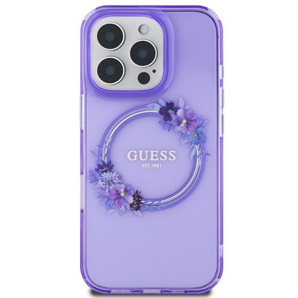 Guess IML Flowers Wreath iPhone 16 Pro MagSafe GUHMP16LHFWFCU hátlap tok, lila