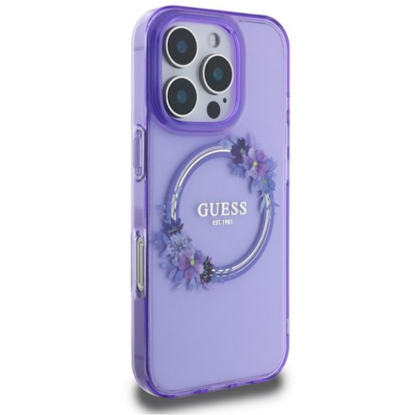 Guess IML Flowers Wreath iPhone 16 Pro MagSafe GUHMP16LHFWFCU hátlap tok, lila