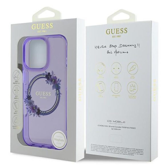 Guess IML Flowers Wreath iPhone 16 Pro MagSafe GUHMP16LHFWFCU hátlap tok, lila