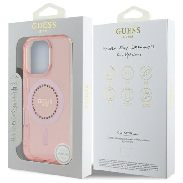 Guess iPhone 16 Pro Magsafe IML Rhinestones (GUHMP16LPFTDTEP) Magsafe kompatibilis hátlap, tok, rózsaszín