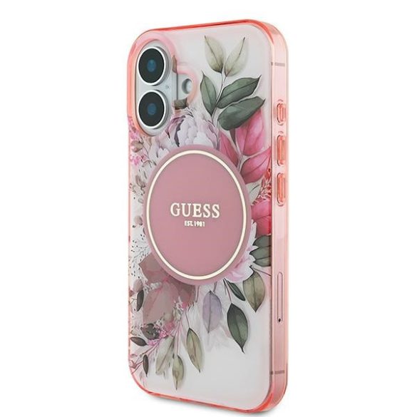 Guess iPhone 16 Plus Magsafe IML Flower & Tonal Circle (GUHMP16MHFWBDCEP) Magsafe kompatibilis hátlap, tok, rózsaszín