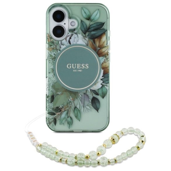 Guess iPhone 16 Plus Magsafe IML Flowers With Pearl Strap (GUHMP16MHFWBRCESN) Magsafe kompatibilis hátlap, tok, zöld