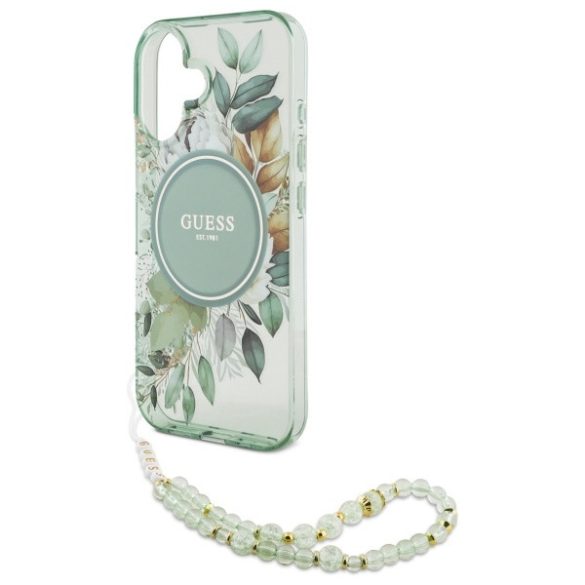 Guess iPhone 16 Plus Magsafe IML Flowers With Pearl Strap (GUHMP16MHFWBRCESN) Magsafe kompatibilis hátlap, tok, zöld