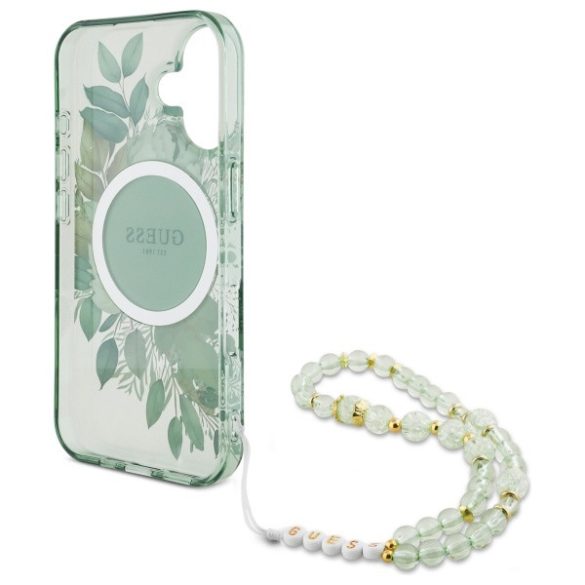 Guess iPhone 16 Plus Magsafe IML Flowers With Pearl Strap (GUHMP16MHFWBRCESN) Magsafe kompatibilis hátlap, tok, zöld