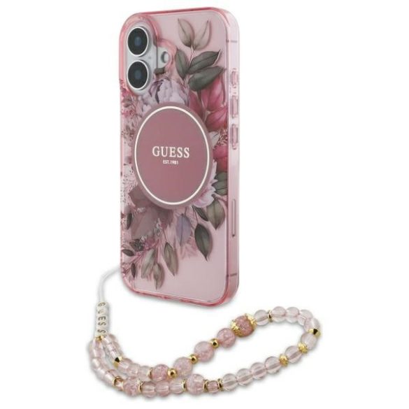 Guess iPhone 16 Plus Magsafe IML Flowers With Pearl Strap (GUHMP16MHFWBRCESP) Magsafe kompatibilis hátlap, tok, rózsaszín