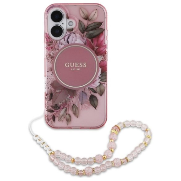 Guess iPhone 16 Plus Magsafe IML Flowers With Pearl Strap (GUHMP16MHFWBRCESP) Magsafe kompatibilis hátlap, tok, rózsaszín