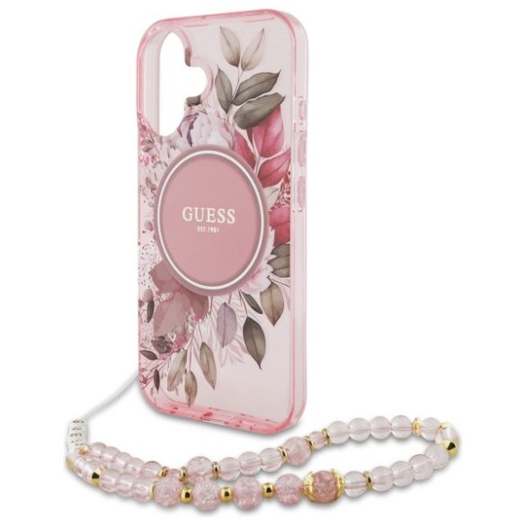 Guess iPhone 16 Plus Magsafe IML Flowers With Pearl Strap (GUHMP16MHFWBRCESP) Magsafe kompatibilis hátlap, tok, rózsaszín