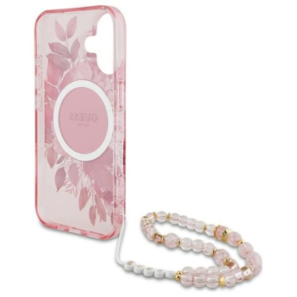 Guess iPhone 16 Plus Magsafe IML Flowers With Pearl Strap (GUHMP16MHFWBRCESP) Magsafe kompatibilis hátlap, tok, rózsaszín